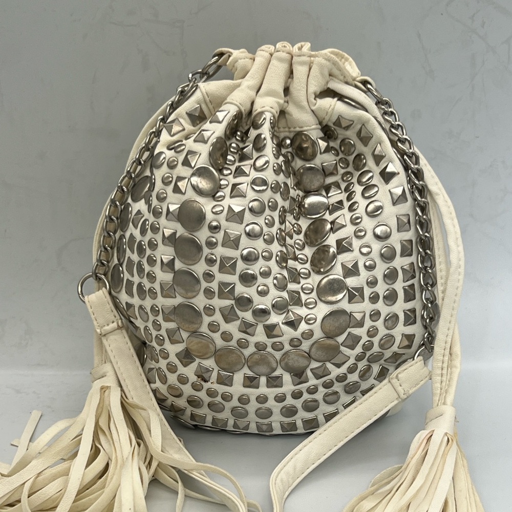 Cream Studded Drawstring Crossbody Bag with Tassels